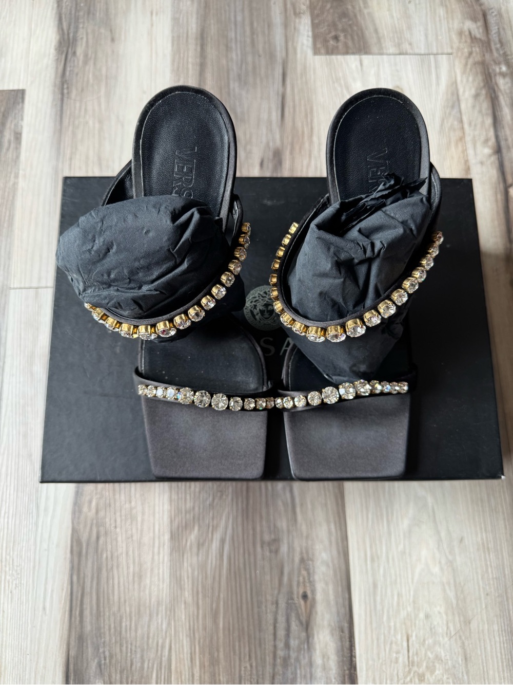 Versace Black Crystal-Trim Slide Heels